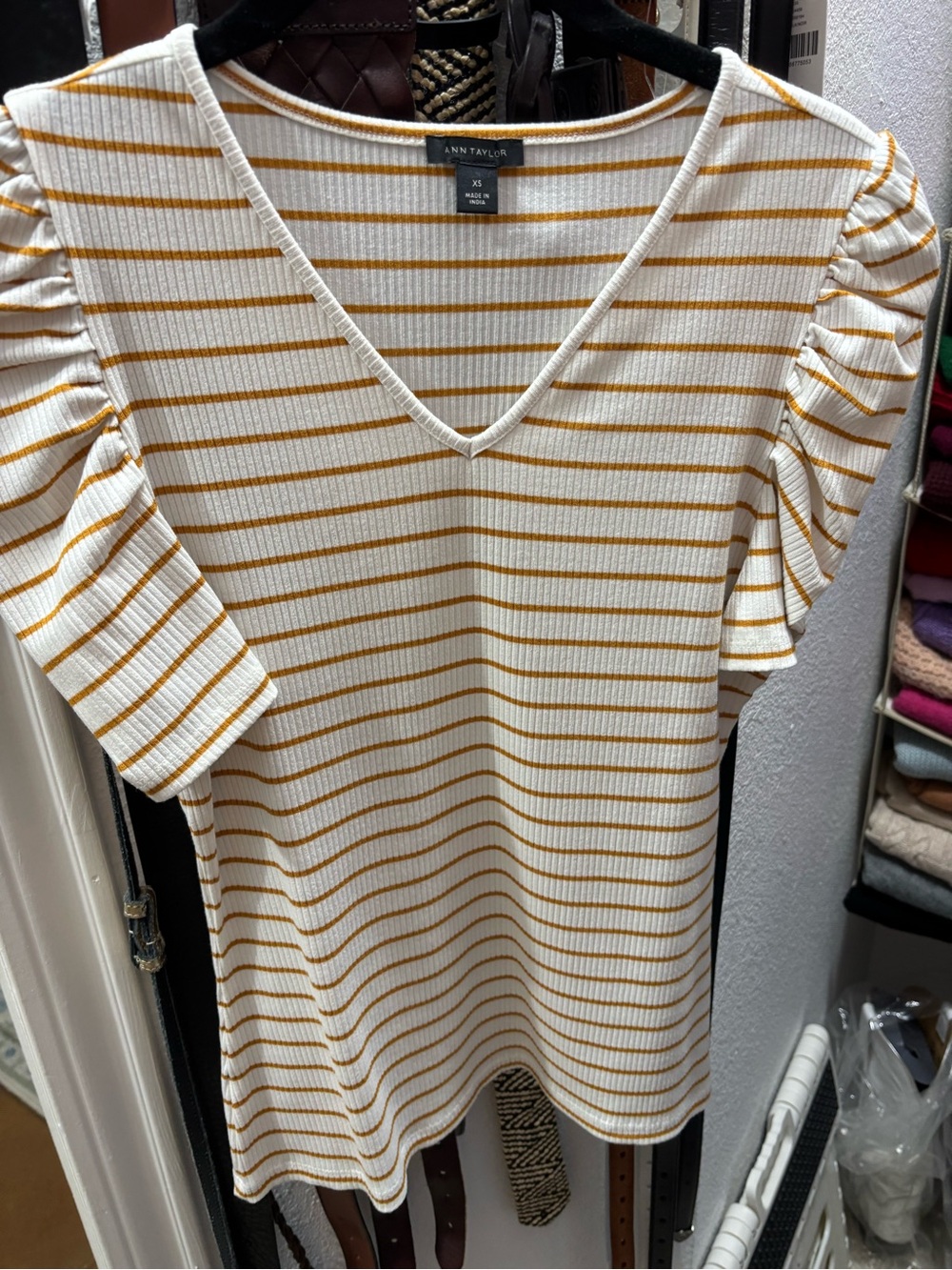 Ann Taylor Cream and Mustard Striped V-Neck Puff Sleeve Top